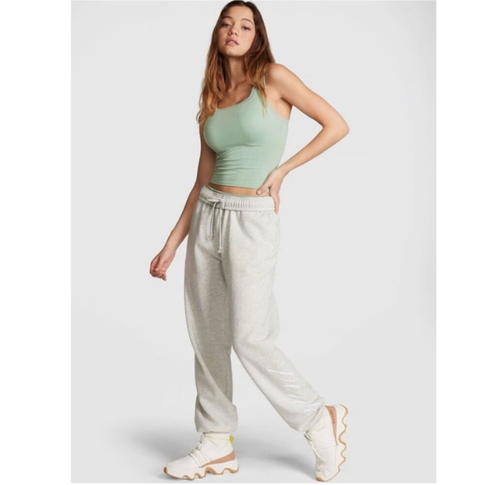 PINK Victoria Secret Ivy Fleece Jogger Sweatpants Logo Leg Scripted Gray XL NWT